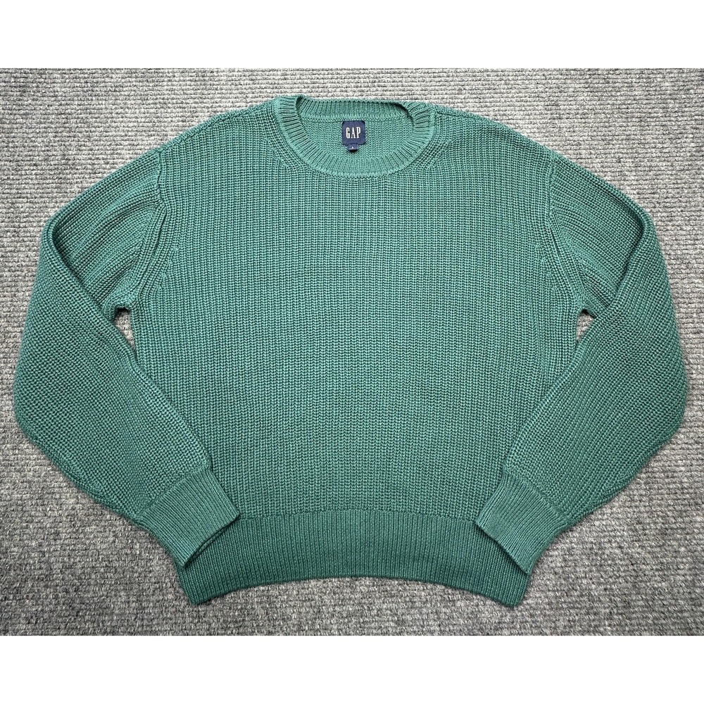 Gap Sweater Mens Large Green Waffle Knit Crewneck Cotton Pullover Textured